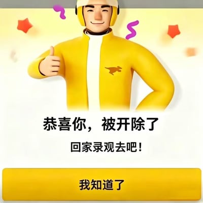 这是一张网友二次创作的恶搞表情包，画面主体是美团外卖官方的3D骑手虚拟形象，身穿带有美团袋鼠标识的黄色工服、头戴配套工帽，面带温和微笑，右手竖起大拇指做出赞许的手势，背景搭配了庆祝用的彩色星星、彩带特效，整体视觉是美团APP系统恭喜提示的风格；但下方配文为反差感极强的“恭喜你，被开除了 回家录观去吧！”，最底部还有仿美团系统弹窗设计的黄色“我知道了”交互按钮，用祝贺类的正向UI设计搭配开除的负面消息，形成强烈的搞笑反差效果。