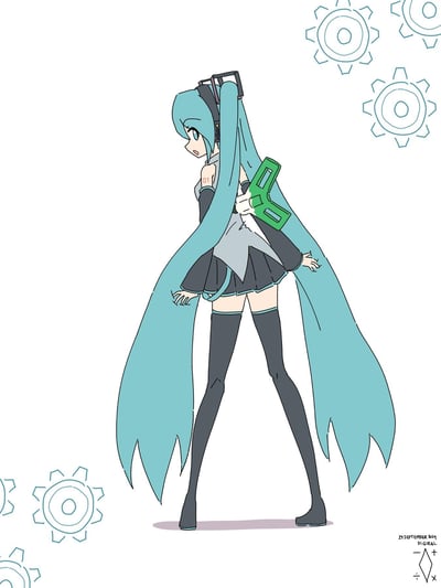 插画中展示了 Vocaloid 角色初音未来的背影形象。她有着标志性的青蓝色双马尾长发，头戴黑色耳机，身着黑灰配色的短裙与长筒靴，右手持有一个绿色的矩形物品。背景为纯白色，四周点缀着浅蓝色的齿轮图案，营造出科技感与机械元素的氛围。角色侧头回望，表情略带严肃，整体画风为简洁的线稿风格，线条流畅。
