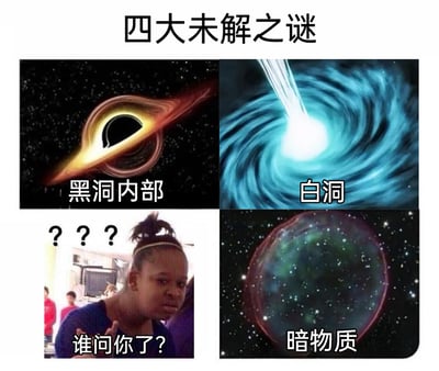这是一张四格拼接的搞笑梗图，顶部标题为“四大未解之谜”。左上是带有吸积盘的黑洞内部示意图，标注“黑洞内部”；右上是向外喷射物质的白洞示意图，标注“白洞”；左下是一张黑人女孩的网络表情包，女孩一脸疑惑嫌弃，配文“谁问你了？”并带有三个问号；右下是暗物质的宇宙示意图，标注“暗物质”。图片通过将严肃的天文未解之谜与生活化的迷惑表情包拼接，制造强烈反差，用幽默的方式调侃所谓“四大未解之谜”的罗列，打破科普内容的严肃性，形成搞笑效果。