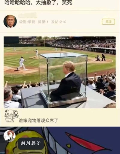 这是一张在社交平台流传的搞笑P图梗图，创作者将美国前总统特朗普的形象合成到棒球场观众席的玻璃展柜中，营造出他像被展示的宠物一样的滑稽效果。帖子顶部配文“哈哈哈哈哈，太抽象了，笑死”，下方网友评论“谁家宠物落观众席了”，还有“封川箱子”的调侃标注，通过视觉错位和调侃式的评论，制造出强烈的反差搞笑感，属于玩梗类的二次创作内容。
