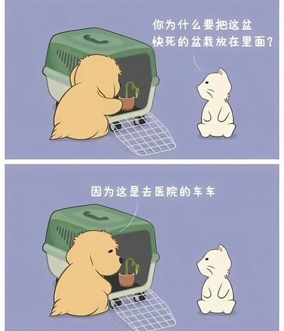 这是一幅两格漫画，描绘了一只黄色的狗和一只白色的猫之间的有趣对话。上格中，黄狗正将一盆看起来快要枯萎的盆栽放进一个绿色的宠物箱里，白猫站在一旁疑惑地问："你为什么要把这盆快死的盆栽放在里面？"。下格中，黄狗回答说："因为这是去医院的车车"，展现了狗狗天真地认为宠物箱（通常用于带生病的宠物去医院）也可以用来带生病的植物去"医院"治疗的可爱误解。