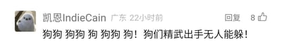 这是一张社交媒体平台的用户评论截图，展示了用户“凯恩IndieCain”发布的评论内容。用户所在地标注为广东，评论发布于22小时前，获得了8个点赞。用户的头像是一只神态呆萌的白色小鸟，评论内容为重复的“狗狗”词汇加上“狗们精武出手无人能躲！”，用夸张的表述形容狗狗的动作利落厉害，仿佛会功夫一般，充满趣味性，传递出对相关狗狗内容的喜爱与赞叹。
