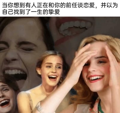 这是一张经过多图拼接改编的搞笑表情包，将英国女演员艾玛·沃特森在不同场景下的夸张大笑画面组合在一起，搭配顶部的文字“当你想到有人正在和你的前任谈恋爱，并以为自己找到了一生的挚爱”，用极具感染力的狂喜大笑表情，生动表现出当事人得知此事时，幸灾乐祸、觉得对方“踩坑”的搞笑心态，通过放大的欢乐情绪，调侃前任在自己眼中的不堪，以及对他人陷入这段关系的嘲讽式幸灾乐祸，这类梗图常被用于社交平台，来抒发与前任相关的趣味情绪。