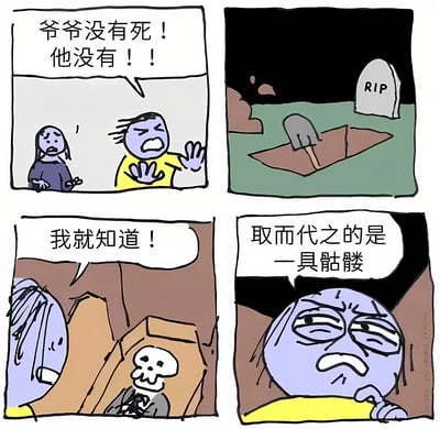 这是一幅四格漫画，讲述了一个黑色幽默故事。第一格中，一个紫衣角色激动地大喊："爷爷没有死！他没有！！"，旁边另一个角色面露悲伤。第二格展示了一个标有"RIP"的墓碑和一个打开的棺材，旁边放着一把铲子。第三格中，紫衣角色看着棺材里的骷髅说："我就知道！"。第四格中，紫衣角色表情失望地说："取而代之的是一具骷髅"。