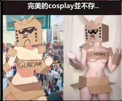 这是一张左右拼接的搞笑对比梗图，顶部配有繁体文字“完美的cosplay並不存..”。左侧是漫展现场的高达纸板cosplay，人物穿着覆盖大部分身体的纸板机甲造型cos服，胸口印有“GUNDAM”字样，背景是热闹的漫展人群；右侧是网友模仿该cos的“简化版”，仅保留了头部、手臂、腰胯部位的纸板，身体大面积裸露，胸口同样印有“GUNDAM”字样。

笑点在于玩了cosplay圈“理想与现实”“买家秀vs卖家秀”的反差梗，将漫展里看起来完整的cos和网友偷工减料的模仿进行对比，制造出荒诞搞笑的效果。