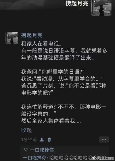 这是一张社交媒体截图，内容是一个名为"捞起月亮"的用户分享的家庭幽默故事。故事讲述了用户和家人看电视时，凭借多年动漫基础翻译日语对话，却被父亲误会是从"那种电影"学的日语，当用户解释"那种电影一般没字幕"后，全家人集体尴尬注视的搞笑场景。