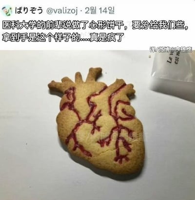 这是一张经过翻译转载的社交媒体推文截图，图上方配有中文说明文字：发布者称医科大学的前辈说做了心形饼干要分给大家，拿到手之后发现这块饼干并非大众认知里的浪漫爱心形状，而是严格按照人体解剖学结构制作的真实人类心脏造型饼干，还用红色糖霜精细画出了心脏的血管脉络，发布者忍不住吐槽“真是疯了”；图片主体就是这块放在纯白色背景上的心脏饼干，右上角露出半部分包装袋，标注了翻译来源为微博@李雄鹰，顶部保留了原推文的发布账号信息。