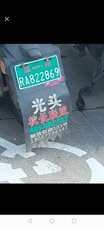 这是一张竖屏拍摄的电动车尾部实拍图，上方悬挂着温州的绿色电动车牌照，牌照编号为RA822869；下方的挡泥板上印有显眼的商家广告，主标语为“光头校长联盟”，下方标注了业务内容“电动车、电摩配件批发”，还有具体地址“解放东路131号”以及联系电话“13057794541”，是本地配件商家的接地气宣传方式，图中没有双关、谐音梗等内容。