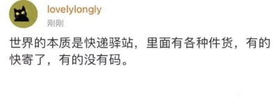 这是一张社交媒体平台的用户发布内容截图，发布者ID为lovelylongly，头像为一只双眼圆睁的卡通黑猫。发布的内容是一段玩谐音梗的搞笑段子，将世界比喻成快递驿站，把其中的人比作驿站里的快递件：“件货”谐音“贱货”，“快寄了”一方面指快递即将寄出，另一方面谐音“快急了”，带有调侃意味；“没有码”既指快递没有取件码，又谐音“没妈”，用快递相关的元素创作了一段带有讽刺调侃性质的网络段子，以幽默的方式暗喻不同人的状态。
