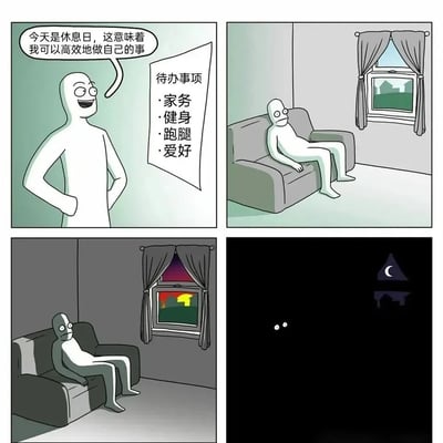 四格漫画描绘了一个白色人形角色的休息日计划与现实的反差。第一格中角色自信满满地叉腰站立，说"今天是休息日，这意味着我可以高效地做自己的事"，旁边列出包含家务、健身、跑腿、爱好的待办事项清单。第二格角色瘫坐在沙发上，表情呆滞。第三格窗外天色变暗，角色仍坐在沙发上，表情麻木。第四格画面全黑，只有角色的眼睛和窗外的月亮可见，暗示一天过去什么都没做。