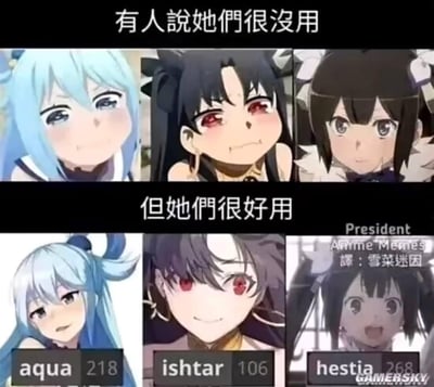 这是一张上下分栏的二次元对比梗图，上半栏配文「有人說她們很沒用」，展示了三位动画角色的委屈表情：分别是《为美好的世界献上祝福！》的阿克娅、《Fate/Grand Order -绝对魔兽战线巴比伦尼亚-》的伊什塔尔、《在地下城寻求邂逅是否搞错了什么》的赫斯缇雅；下半栏配文「但她們很好用」，展示了三位角色的同人创作形象，并且下方标注了类似“使用次数”的数字，玩了低俗双关梗：表面吐槽角色在原作剧情里看似“废柴”，实际暗示她们在同人创作和玩家的二次创作中非常受欢迎，“好用”带有低俗暗示的玩梗意味。