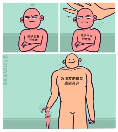 这是一幅由三格组成的连环卡通漫画，以具象化的方式展现情绪的转变：第一格中，一个面露不悦、双臂交叉的瘦小卡通小人，胸口标注着“嫉妒朋友的成功”，直观呈现出对朋友成就的嫉妒负面情绪；第二格中，一只大手拍在这个小人的头上，搭配“*拍*”的音效标注，象征着对负面情绪的自我疏导或外部引导；第三格中，出现了一个体型健硕、面带愉悦微笑的卡通大人，胸口写着“为朋友的成功感到高兴”，同时这个大人正伸手轻拍旁边那个仍带着嫉妒情绪的小人的头，通过人物体型和情绪状态的强烈对比，生动传达了接纳自身负面情绪，完成自我调节，最终转变为真心为朋友的成功感到喜悦的正向过程，传递了健康的情绪观与友情价值观。