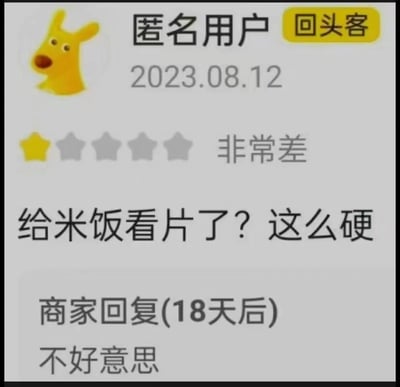 这是一张用户评论截图，显示一位名为"匿名用户"的回头客在2023年8月12日给出了"非常差"的评价（1星）。评论内容为幽默吐槽："给米饭看片了？这么硬"，暗示米饭过硬。18天后商家回复仅简单表示"不好意思"。整体风格轻松搞笑，用夸张比喻表达对米饭口感的不满。