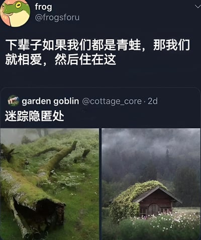 这是一张社交媒体截图，顶部用户头像为绿色青蛙，用户名为“frog”（@frogsforu），发布了一段浪漫文字：“下辈子如果我们都是青蛙，那我们就相爱，然后住在这”。下方引用了用户“garden goblin”（@cottage_core）2天前发布的内容“迷踪隐匿处”，并附带两张自然风景图：左侧是长满苔藓的倒下原木，周围绿草如茵；右侧是被常春藤覆盖的小木屋，背景为迷雾森林，屋前有白色野花。整体营造出治愈、温馨的隐居氛围。