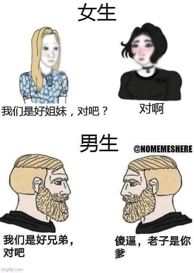 整张图为上下对比结构，上半部分标注「女生」板块：左侧是穿蓝色碎花上衣的金发女生，面带柔和神色询问「我们是好姐妹，对吧？」，右侧是穿黑色上衣的黑发女生，温和回应「对啊」，展现出女生好友之间相处的柔和友好氛围；下半部分标注「男生」板块：两个外形完全一致的金发大胡子男生对视，左侧男生发问「我们是好兄弟，对吧」，右侧男生回复「傻逼，老子是你爹」，用夸张戏谑的内容体现男性好友之间常用互称爸爸来开玩笑的相处习惯，通过男女相处模式的强烈反差制造笑点。