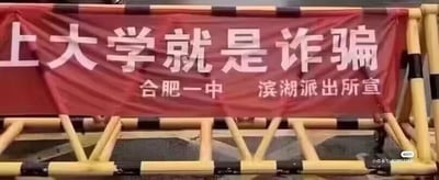 图片中展示了一条红色横幅，上面用白色大字写着“上大学就是诈骗”，下方标注“合肥一中 滨湖派出所宣”。横幅被悬挂在黄色的隔离栏上。这是一张明显的虚假图片，通过伪造官方机构名义传播错误信息，属于典型的谣言图片。