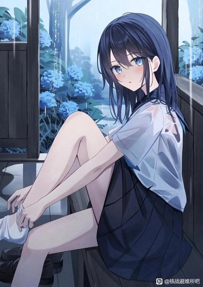 这是一幅AI生成的二次元插画，画面中一位身着JK制服的少女在雨天躲在带木围栏的檐下，上衣被雨水打湿后紧贴身体，她屈膝坐着，正低头整理自己的袜子。窗外是被雨水浸润的蓝色绣球花，整体色调以冷蓝灰为主，营造出清冷、静谧又带着一丝落寞的雨天氛围，图中没有双关、谐音梗或暗示类内容。