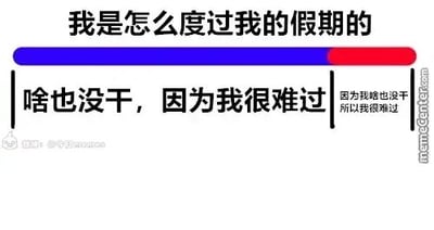 这是一张采用顶配底文形式的静态图文混排meme梗图，整体为横版电脑格式构图。图的顶部是标题“我是怎么度过我的假期的”，标题下方是一个进度条，进度条的绝大部分为蓝色，仅末端有一小段红色，用来隐喻假期的“完成度”。进度条下方是核心文字“啥也没干，因为我很难过”，在文字的右侧还有一个补充文字框，内容为“因为我啥也没干所以我很难过”，形成了一个“无所事事导致难过，难过又导致无所事事”的循环自嘲逻辑，精准地表达了部分人假期里颓废、空虚又低落的情绪状态。图的左下角标注了画师信息“画师：@小Lincomic”，右下角有“memeCenter”的平台水印，整体风格简洁直白，用简单的图文传递出强烈的共鸣感。