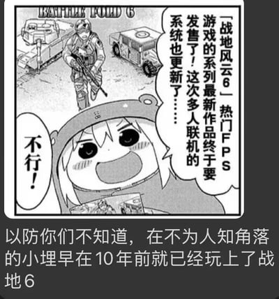 这张梗图把《干物妹小埋》的经典漫画场景和电子游戏梗结合了起来。小埋以自豪和自嘲的语气，打破别人对《战地风云6》新颖的看法，带出“其实我很早就开始玩了”的调侃，讽刺资深玩家常用的语言风格。配文则强调小埋作为“不为人知角落”中的游戏高手，幽默地吐槽了玩家圈子的攀比心理。整体气氛活泼搞笑，适合用来在游戏圈发表资历梗。