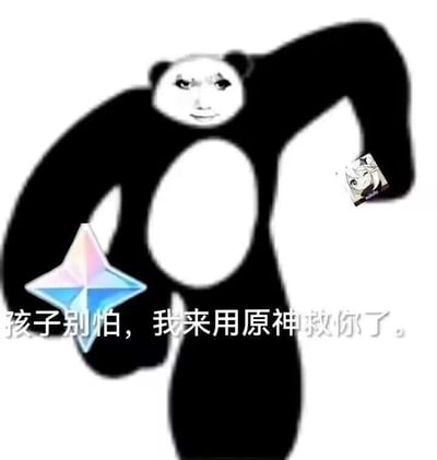 这是一张玩家自制的搞笑P图梗图，主体是一个拼接了人类女性面部的熊猫人形象，它摆出类似“救援”的姿势，一只手握着游戏《原神》中的抽卡道具，另一只手拿着《原神》角色派蒙的小图，下方配文“孩子别怕，我来用原神救你了”。图中以戏谑的方式表现出原神玩家将游戏作为精神寄托，用游戏来缓解情绪、“拯救”心情的心态，没有双关、谐音梗或暗示内容。