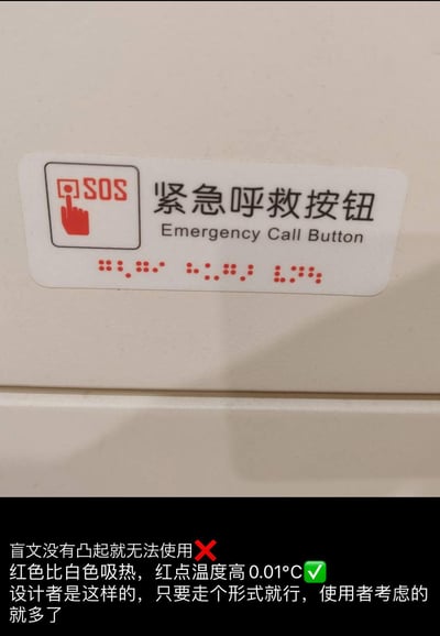 这张图分为上下两部分，上半部分是一个贴在墙面上的紧急呼救按钮标识，标识上有红色SOS点击图标、中文“紧急呼救按钮”、英文“Emergency Call Button”，还有一行平面印刷的红色盲文，该盲文没有凸起，完全无法供视障人士触摸识别。下半部分是网友添加的吐槽文字：“盲文没有凸起就无法使用❌
红色比白色吸热，红点温度高0.01℃✅
设计者是这样的，只要走个形式就行，使用者考虑的就多了”，用反讽的方式吐槽了这种只做表面功夫、完全不考虑实际使用需求的形式主义无障碍设计。