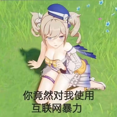 这是一张改编自游戏《原神》角色芭芭拉的表情包，图中芭芭拉衣衫不整跪坐在草地上，神情委屈，配文“你竟然对我使用互联网暴力”。用二次元角色的弱势、委屈姿态，戏谑地表达自己在网络上遭遇攻击、被“网暴”的不满情绪，把抽象的网络暴力具象化，带有调侃的意味。