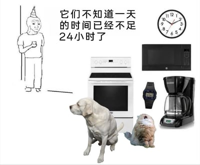 这是一张合成类图文混排梗图，上方配文“它们不知道一天的时间已经不足24小时了”。画面左上角是头戴派对帽、手持杯子的线条画小人，下方是一只侧头的拉布拉多犬和一只仰头的猫咪，右侧则是一组带有计时或时间显示功能的日常物品：挂钟、微波炉、电子手表、咖啡机。图中的“它们”指代宠物和这些日常计时设备，结合“地球自转加快，实际一天时长略短于24小时”的科学背景，通过人类察觉时间变化，而依赖固定计时系统的设备、对时间感知不敏锐的宠物毫无察觉的反差感，制造出趣味效果。