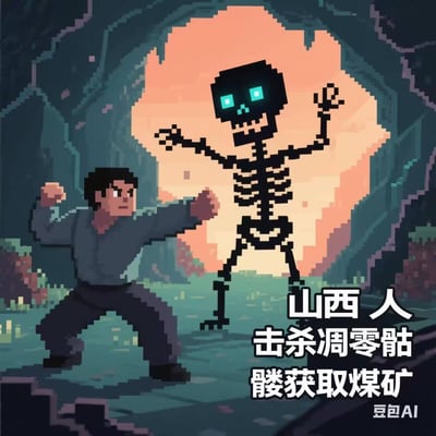 这是一张像素风格的AI生成趣味梗图，画面中一位摆出格斗起手式的男子（代表山西人），正对着《我的世界》中的经典怪物凋零骷髅摆出战斗姿态，凋零骷髅举起双手做出挑衅动作，身后有像素化的火焰特效，背景是类似洞穴的昏暗场景。图右侧配有文字“山西人击杀凋零骷髅获取煤矿”，玩了谐音关联的梗：结合山西作为煤炭大省的地域特色，将游戏怪物“凋零骷髅”的“凋”和“煤”进行趣味绑定，把游戏战斗和地域产业特点结合，制造出荒诞搞笑的效果。