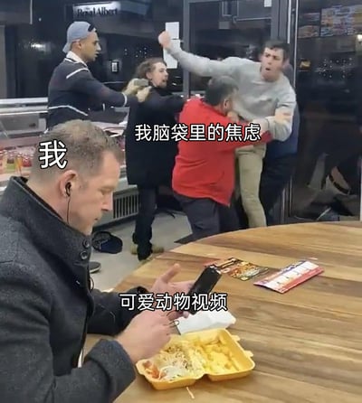 这是一张调侃当代人缓解焦虑方式的网络梗图。画面前景中，被标注为“我”的男子戴着耳机，坐在餐桌前，完全无视身后混乱的场景，专注地看着手机上标注为“可爱动物视频”的内容，手边还有吃了一半的餐食，表情平静；而他身后的一群人被标注为“我脑袋里的焦虑”，正在互相扭打拉扯，场面十分混乱。整张图通过强烈的场景反差，生动地表现出很多人在被焦虑情绪包围时，通过观看治愈系的可爱动物视频来隔绝焦虑、获得平静的状态，精准戳中当代人的情绪痛点，引发共鸣。