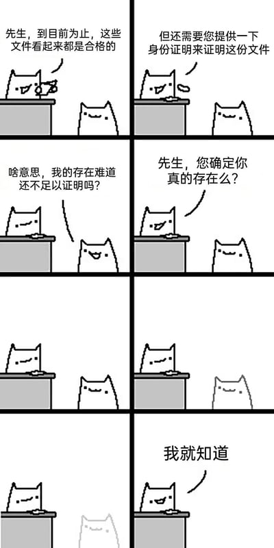 这是一张六格黑白连环漫画，描绘了两只猫咪的对话场景。上左格中，坐在办公桌后的办事员猫对顾客猫说“先生，到目前为止，这些文件看起来都是合格的”；上右格办事员猫接着要求“但还需要您提供一下身份证明来证明这份文件”。中左格顾客猫疑惑反问“啥意思，我的存在难道还不足以证明吗？”；中右格办事员猫则犀利回应“先生，您确定你真的存在么？”。下左格为两只猫咪沉默对视的画面，下右格办事员猫露出了然表情说“我就知道”。漫画通过猫咪间的对话，以幽默方式演绎了关于身份证明与存在主义的荒诞问答。