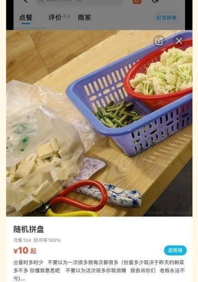 这是一张外卖平台商品页面的截图，页面顶部为点餐、评价、商家的导航栏，主图展示了后厨木质桌面上摆放的物品：蓝色沥水篮里分别放着处理好的豆角和装着花菜的红色沥水篮，旁侧有装着切好的豆腐块的透明塑料袋、剪刀等厨用物品。商品名称为「随机拼盘」，标注月售124单、好评率100%，售价10元起，下方的商品描述十分直白，说明该拼盘分量不固定，分量多少取决于前一天的剩菜余量，还调侃消费者不要以为这次分量多就赚了，老板永远不会亏。