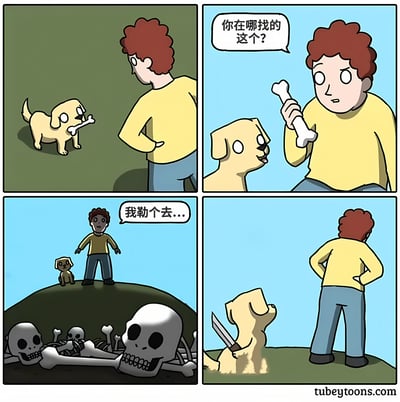 四格漫画描绘了一个红卷发男人与黄色小狗的搞笑故事。第一格中，男人看到小狗叼着骨头；第二格男人拿起骨头询问来源；第三格两人站在山坡上，下方竟是一片骷髅堆，男人震惊不已；第四格小狗突然手持刀子，让场景更加荒诞有趣。