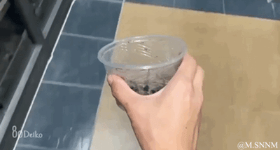 这是一段趣味动态GIF，画面中一只手握着装有黑色颗粒（类似奶茶珍珠）的透明塑料杯，借助视觉错位的效果，让观看者产生杯子“咬”住了手的错觉，制造出新奇搞笑的视觉趣味，没有双关或谐音梗，仅靠视觉错位带来趣味性。