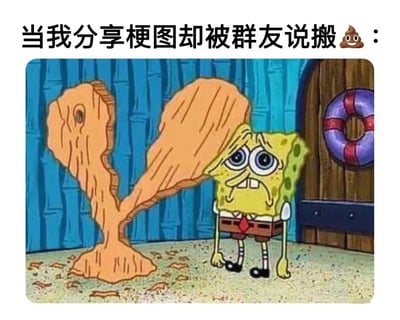 图片上方配有文字“当我分享梗图却被群友说搬💩：”，下方是《海绵宝宝》的动画截图。画面中海绵宝宝双眼睁大，眉头紧锁，嘴角下撇，露出委屈又无奈的表情，旁边有一个巨大的棕色不规则物体。整体场景生动展现了分享梗图却被朋友调侃“搬💩”（即搬运低质量内容）时的尴尬与委屈心情。