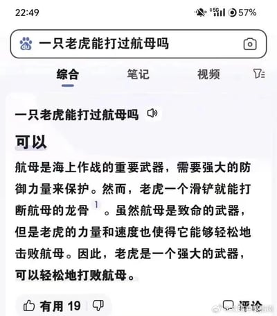 这是一张竖屏手机格式的百度搜索页面截图，属于网页UI截图，采用图文混排的形式。页面顶部的搜索框内显示搜索关键词“一只老虎能打过航母吗”，下方的综合搜索结果中，有一个标题相同的回答，内容完全违背现实逻辑，荒诞地宣称作为陆地猛兽的老虎可以通过滑铲打断航母的龙骨，进而轻松击败航母，将老虎描述为能打败航母的强大武器。该回答获得了19个“有用”的点赞，页面右下角带有“文明观喵指南”的水印。从现实角度来说，老虎完全不可能打过航母：航母是大型海上作战舰艇，体型巨大，具备完善的防御体系，且航行在海洋中，老虎作为陆地哺乳动物，无法在海洋环境中活动，更无法对航母造成任何实质性的破坏，图中的回答是纯粹的无厘头恶搞内容，通过完全不符合常识的设定制造搞笑效果。