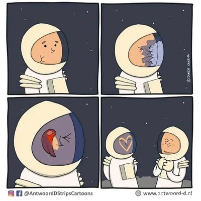 这是一幅四格治愈系卡通漫画：第一格中，一位宇航员独自在太空中，抱着手臂，神情带着些许孤单；第二格他对着自己的头盔玻璃轻轻一吻，留下了唇印；第三格可以看到这个唇印在头盔内侧呈现出爱心的形状；第四格画面展开，另一位宇航员出现在他面前，看着对方头盔上的爱心唇印，两人都露出幸福的表情，充满了浪漫的氛围感，展现了太空里的小温情。