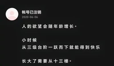图片为一张社交媒体截图，显示一个已注销账号于2020年6月6日发布的文字内容。内容核心为：“人的欲望会随年龄增长。小时候从三级台阶一跃而下就能得到快乐，长大了需要从十三楼。” 通过童年“三级台阶”与成年“十三楼”的对比，以夸张手法讽刺随着年龄增长，人们对快乐的阈值不断提高、欲望逐渐膨胀的现象，语言简洁却充满对现实的无奈调侃。