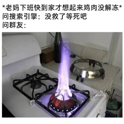 图片上方文字描述了老妈下班快到家时才想起鸡肉没解冻的场景，分别展示了问搜索引擎得到'没救了等死吧'的回复，以及问群友后的结果。下方配图是燃气灶上的锅正被紫色烈焰猛烈加热，夸张表现群友可能给出的极端解冻/烹饪建议，通过对比凸显网络社交中群友建议的脑洞大开与搞笑效果。