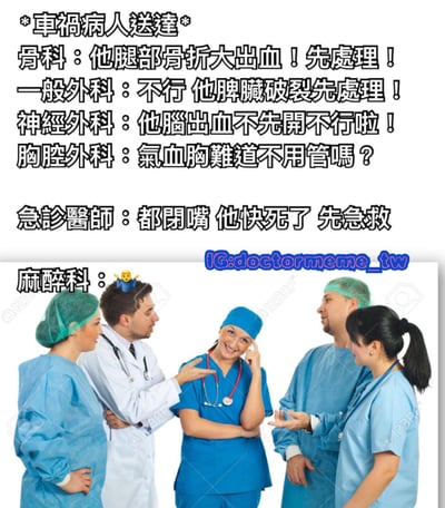 這是一張醫療主題的搞笑梗圖，上半部分是文字對話，下半部分是醫護人員的合照。文字內容描寫車禍病人送達後，骨科、一般外科、神經外科、胸腔外科等不同科室醫生爭先恐後要求先處理自己專科的急症，最後急診醫師怒吼「都閉嘴 他快死了 先急救」結束爭論。圖片下方有五位穿著醫護服的人員，其中一位醫生頭上還被P上了一個小黃人玩偶，對應麻醉科。