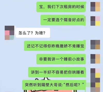 这是一张模拟聊天记录的梗图，背景为浅蓝色，左侧是白色对话框，右侧是绿色对话框。对话内容讲述情侣讨论下次租房需选隔音好的房子，原因是昨晚哄对方睡觉时讲睡前故事，隔壁大哥突然出声问“然后呢？”，暴露出当前租房隔音差的尴尬场景，充满生活气息的幽默吐槽。