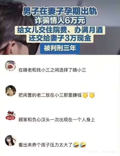 图片上半部分为新闻式文字内容：男子在妻子孕期出轨，诈骗情人6万元，所得钱款用于给女儿交住院费、办满月酒，还交给妻子3万元现金，最终被判刑三年。下半部分是四条用户评论，内容多为讽刺调侃，如“在啃老和找小三之间选择了啃小三”“把闲置的老二放在小三那里赚钱”等，整体呈现对该事件的网络讨论氛围。
