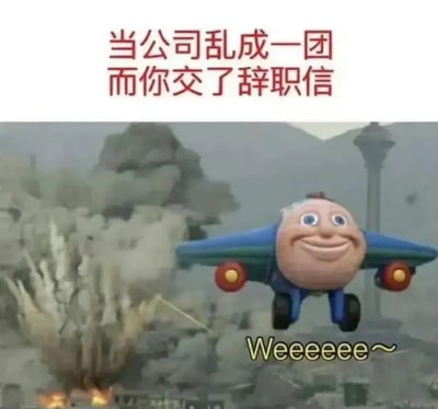 这张梗图通过搞笑对比表达职场共鸣。上方文字写着“当公司乱成一团而你交了辞职信”，画面下半部分是一架卡通飞机以轻松飘逸的姿势飞离身后正在爆炸的城市/公司废墟，搭配英文“Weeeeee~”。视觉与文字形成强烈反差，夸张展示辞职后的快感和对一地鸡毛的不留恋。整体调侃并夸张表现辞职快感。图中没有明显双关或谐音梗，但有逃离混乱、轻松自嘲的暗示。