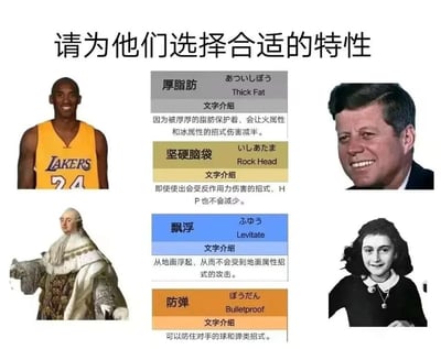 这是一张结合宝可梦特性系统与知名人物的趣味玩梗图文混排图，顶部标题为“请为他们选择合适的特性”。图中展示了四位知名人物：前美国职业篮球运动员科比·布莱恩特、美国前总统约翰·肯尼迪、法国波旁王朝国王路易十六、《安妮日记》作者安妮·弗兰克，同时配有四个模仿宝可梦特性设计的卡片，分别是“厚脂肪”“坚硬脑袋”“飘浮”“防弹”，每个特性卡片都标注了中、日、英三语名称和对应的中文效果描述。该图通过人物的生平经历、职业属性等关联点，将人物与特性进行梗式匹配：科比作为篮球运动员，对应可防御球类招式的“防弹”特性；约翰·肯尼迪遭遇枪击事件，对应可防御弹类招式的“防弹”特性；路易十六被送上断头台的经历，对应“飘浮”特性（脱离地面不受地面属性攻击）；安妮·弗兰克的相关经历则对应“厚脂肪”特性，整体通过这种错位的趣味匹配制造笑点，属于网络迷因类创作。