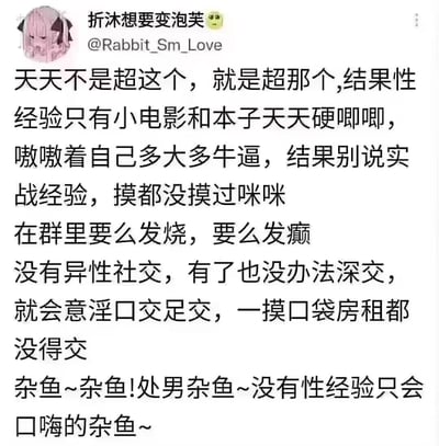这是一张社交媒体截图，显示用户"折沐想要变泡芙"(@Rabbit_Sm_Love)发布的一条带有攻击性和侮辱性语言的帖子。内容主要是嘲讽某人只有理论性经验却喜欢吹嘘，缺乏实际社交能力和经济基础，反复使用"杂鱼"等侮辱性词汇。