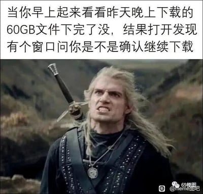这是一张图文结合的吐槽梗图，上方配有简体中文文案，描述了一个很多人都遇到过的糟心网络经历：花费一整夜时间挂着下载60GB的大文件，第二天早上满心期待地查看是否完成，结果却发现下载中断，还弹出窗口需要确认是否继续下载。下方搭配了美剧《猎魔人》中主角杰洛特愤怒狰狞的表情截图，这个表情完美契合了用户在遇到这种情况时，那种熬夜等待却白费功夫的崩溃、恼火与烦躁的心情，用夸张的影视表情放大了日常网络使用中的负面情绪，引发网友的共鸣。