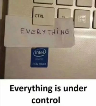 这张梗图展示了一台笔记本电脑的键盘特写，其中Ctrl键被一张手写着“EVERYTHING”的白纸覆盖。图片下方配有文字“Everything is under control”（一切尽在掌控之中）。

这是一个利用键盘按键进行的双关幽默：通过将“Ctrl”（控制）键与“EVERYTHING”（一切）结合，再配合下方的标语，形成“一切都在控制之下”的谐音梗效果。