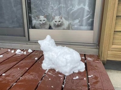 冬日场景中，木质甲板上堆着一个造型可爱的雪猫雕塑，雪猫圆滚滚的身形和翘起的尾巴栩栩如生。玻璃门内，两只毛色雪白的猫咪并排趴在窗边，耳朵竖起，眼神专注地凝视着门外的雪猫雕塑，仿佛在好奇地打量这个“冰雪分身”。门外的积雪和玻璃上的雾气增添了冬日氛围，整个画面温馨又治愈。