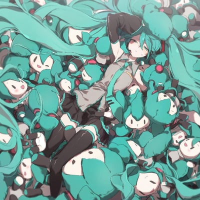 画面中，VOCALOID虚拟歌手初音未来被大量Q版初音造型的毛绒玩偶彻底包围，她躺在柔软的玩偶堆中，一只手臂搭在额头上，脸上露出疲惫又无奈的神情，身体被玩偶簇拥得难以动弹。整体画面以标志性的蓝绿色调为主，充满了二次元的可爱感，同时也带着一丝被“喜爱”淹没的窘迫感。