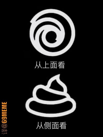 这是一张趣味恶搞的上下对比梗图，采用黑白线条风格呈现：
1. 上方是微博的官方螺旋形logo，配文“从上面看”；
2. 下方是经典的便便卡通形象，配文“从侧面看”；
通过将两个形象从不同视角的形态进行联想关联，把正经的品牌logo解构为搞笑的便便形象，制造出荒诞又脑洞大开的搞笑效果，让人忍俊不禁。