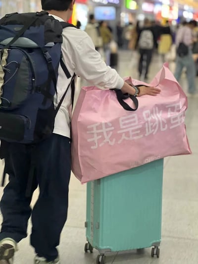 在繁忙的机场大厅里，一名背着蓝色大背包的旅客正拖着青色行李箱，同时用手扶着一个醒目的粉色大包。粉色包上用白色大字写着'我是跳蚤'，形成一种幽默反差。背景中可以看到许多行色匆匆的旅客，整个场景充满了真实的旅行氛围。